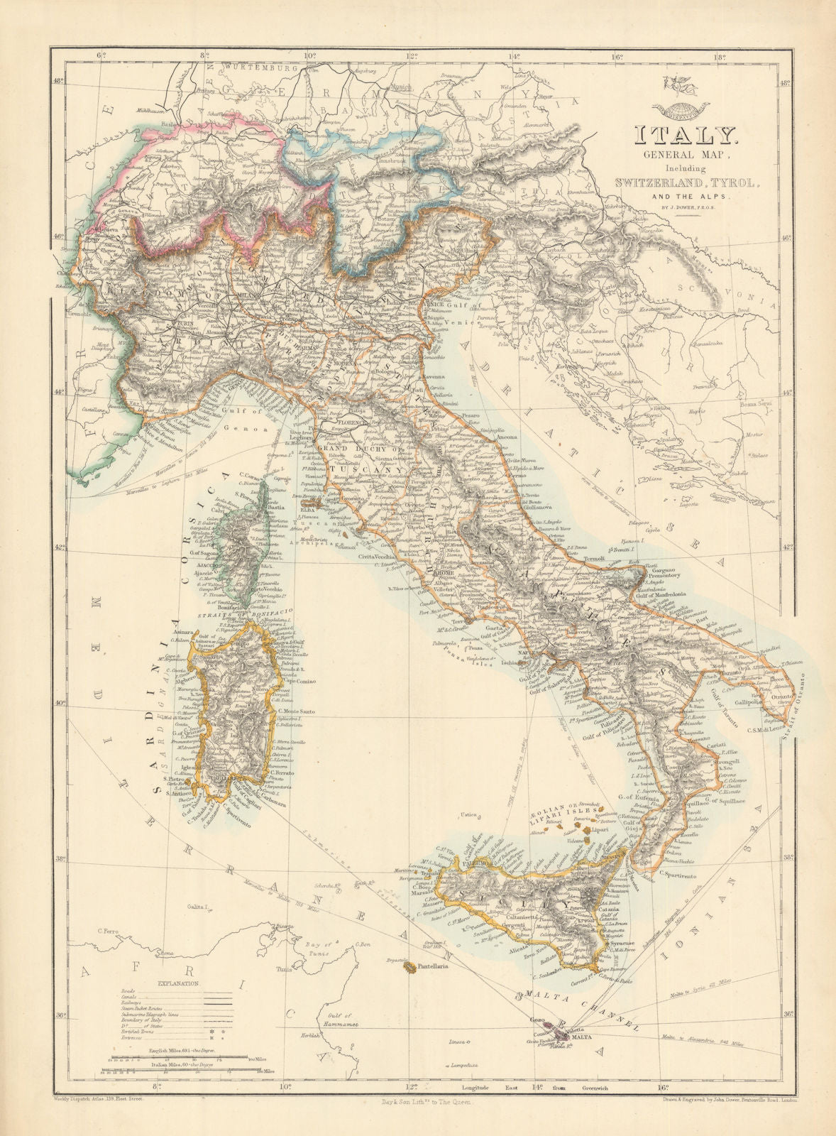 ITALY SWITZERLAND TYROL ALPS. Italian unification.DOWER.Dispatch atlas 1863 map